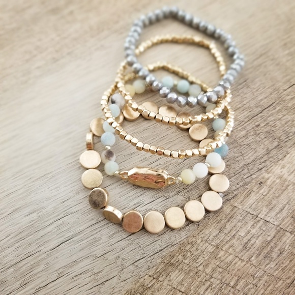 catlg Jewelry - 5 Piece Stretch Bracelet Set Semi Precious Stone Bead Bracelets